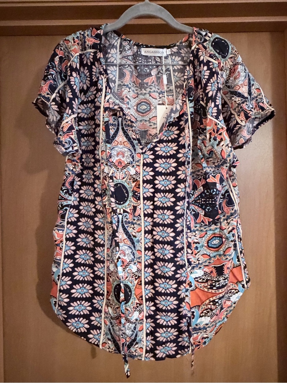 Angashion Navy Multi-Print Tie-Front V-Neck Blouse